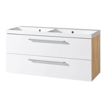 Mereo Bino, koupelnová skříňka s umyvadlem z litého mramoru 121 cm, bílá/dub (CN673M)