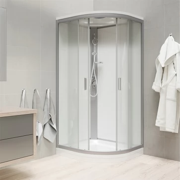Sprchový box, čtvrtkruh,100 cm, satin ALU, sklo Point, zadní stěny bílé, litá vanička, se stříškou (CK35162MSW)