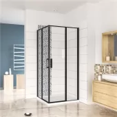 Čtvercový sprchový kout BLACK SAFIR R909, 90x90 cm, se dvěma jednokřídlými dveřmi s pevnou stěnou, rohový vstup včetně sprchové vaničky z litého mramo